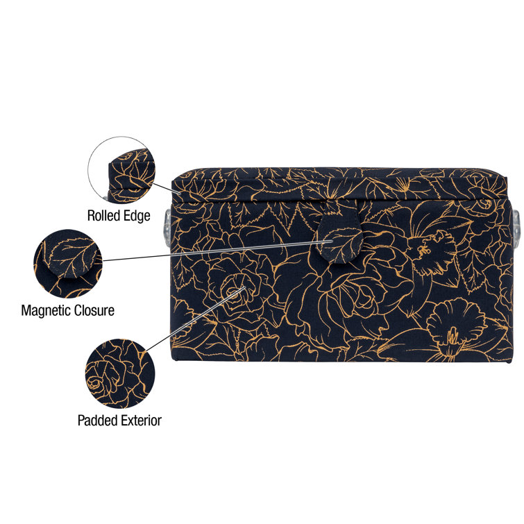 SINGER Large Sewing Basket Gold Floral Print with Sewing Kit and